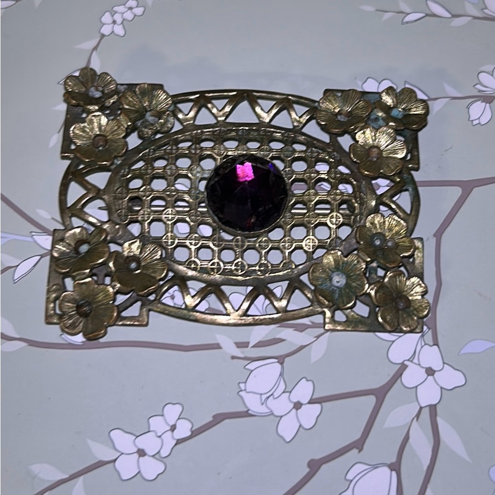 Antique Floral Filigree Brooch with Purple Glass  Gem
